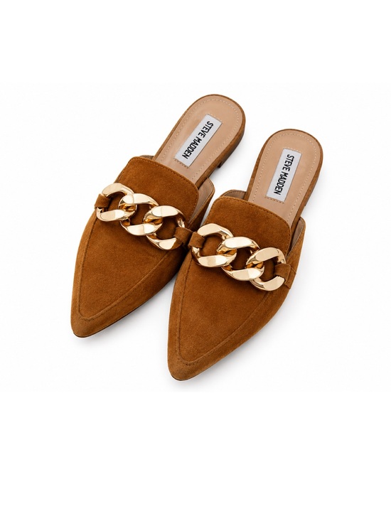 Steve Madden Shoes - Steve Madden Suede Chain Mule Loafers Camel Brown Pointed Toe Flats Women’s 7.5